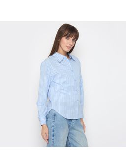 Madame - Striped Cuff Sleeve with Shirt Collar Blue Shirt