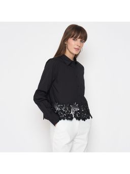 Madame - Floral Lace Scalloped Hem Black Shirt