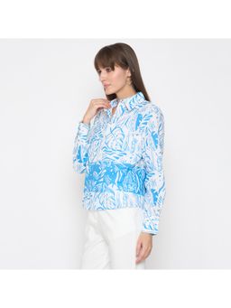 Madame - Botanical Print Button Up Front Aqua Blue Shirt