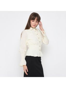 Madame - Smocked Waist Off White Peplum Shirt