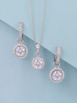 Ornate Jewels - 925 Sterling Silver Round American Diamond Halo Pendant with Earrings Jewellery Set for Women Girls One Size