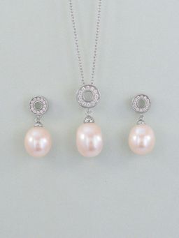 Ornate Jewels - 925 Sterling Silver Drop Natural Pearl and American Diamond Pendant with Earrings Jewellery Set for Women Girls One Size