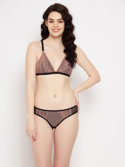 Clovia - Non-padded Non-wired Plunge Bra & Low Waist Bikini Panty In Dusty Pink Lace (Set of 2)