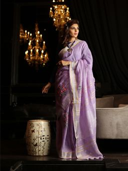 Beatitude - Lavender Handwoven Linen Embroidered Saree Unstitched Blouse