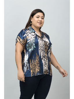 PURYS PLUS - Navy Blue Cuban Collar Satin Shirt