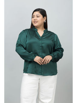 PURYS PLUS - Green Band Collar Casual Satin Shirt