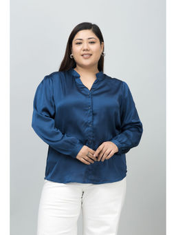 PURYS PLUS - Navy Blue Band Collar Casual Satin Shirt