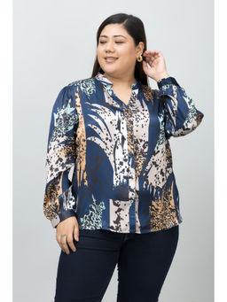 PURYS PLUS - Navy Blue Band Collar Casual Satin Shirt