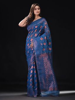 Beatitude - Blue Cotton Silk Woven Saree with Copper Pallu with Unstitched Blouse