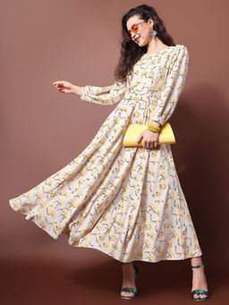 PURVAJA - Floral Printed Yellow Empire Dresses