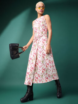 PURVAJA - Floral Printed Pink Twisted Dresses