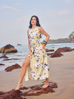 PURVAJA - Floral Printed Yellow Twisted Dresses