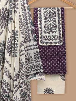 SALWAR STUDIO - Cotton Printed Purple Unstitched Dress Material (Set of 3)