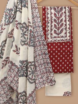 SALWAR STUDIO - Cotton Printed Maroon Unstitched Dress Material (Set of 3)
