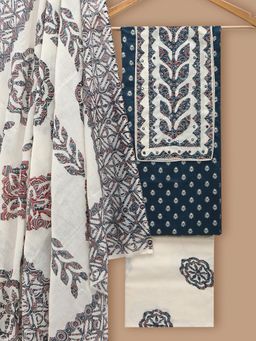 SALWAR STUDIO - Cotton Printed Blue Unstitched Dress Material (Set of 3)