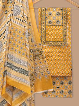 SALWAR STUDIO - Cotton Printed Yellow Unstitched Dress Material (Set of 3)