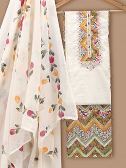 SALWAR STUDIO - Cotton Printed Off White Unstitched Dress Material (Set of 3)