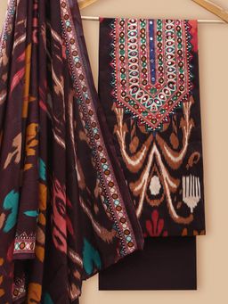 SALWAR STUDIO - Silk Printed Burgundy Unstitched Dress Material (Set of 3)