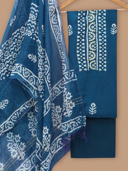 SALWAR STUDIO - Cotton Blend Printed Blue Unstitched Dress Material (Set of 3)
