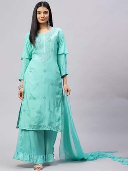 Biba - Turquoise Art Silk Unstitched Suit Set (Set of 3)