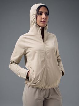 Technosport - Women Beige Solid Slim Fit Hooded Jacket
