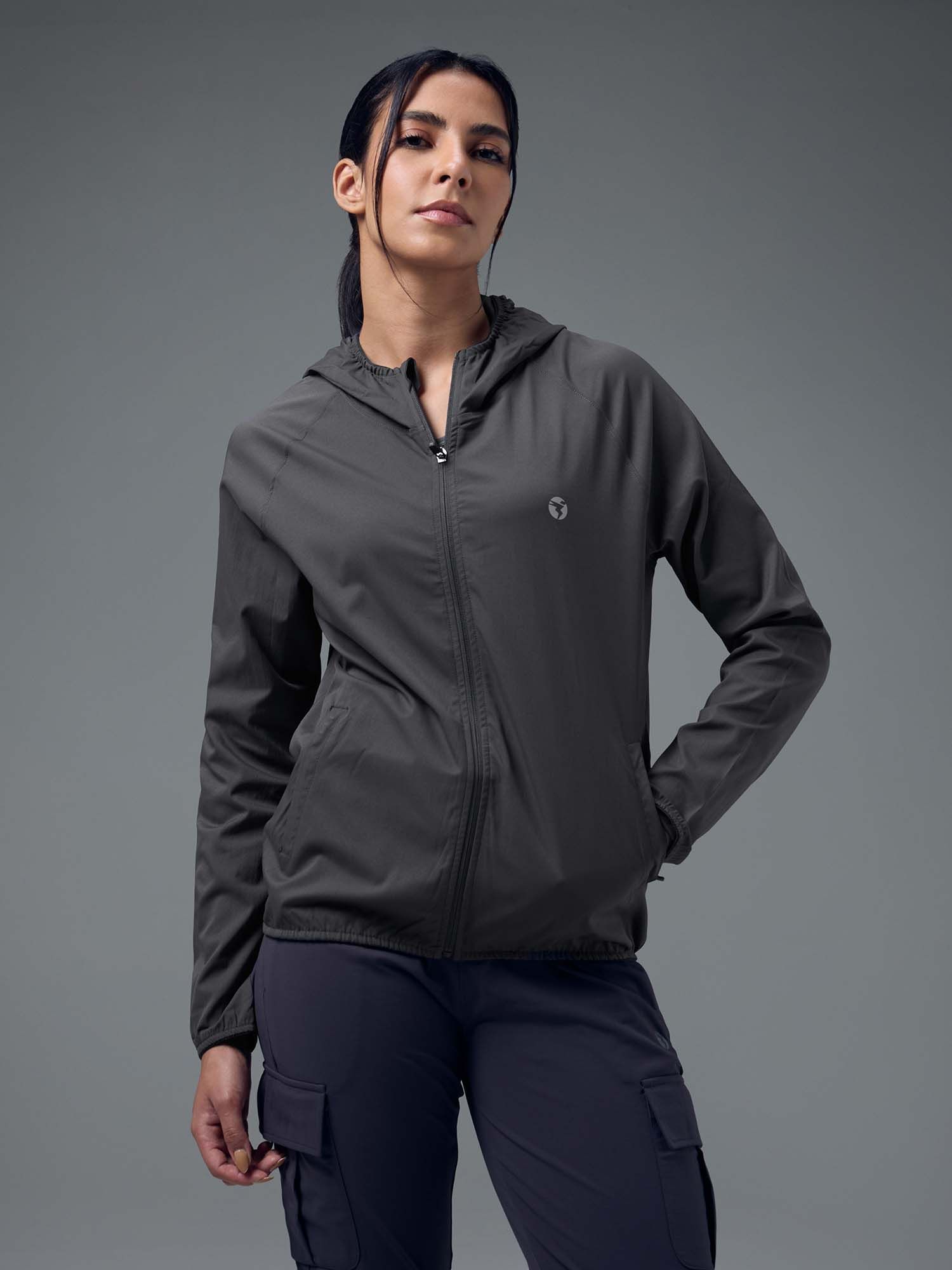 technosport Women Dark Grey Solid Slim Fit Hooded Jacket-picture-11