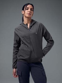 Technosport - Women Dark Grey Solid Slim Fit Hooded Jacket