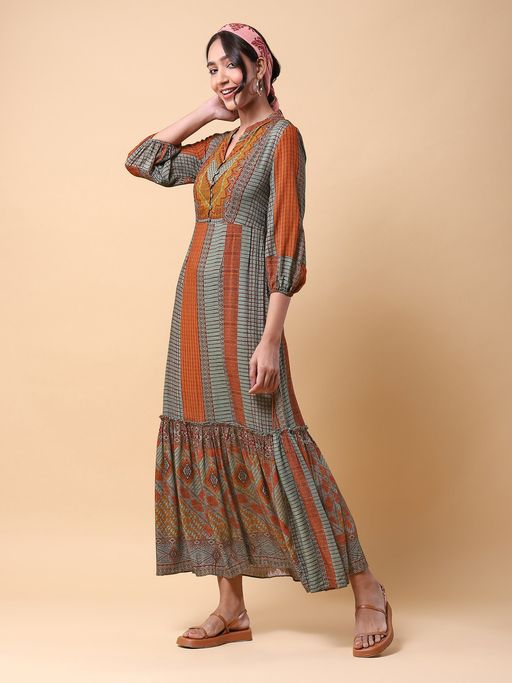 Buy Aarke Ritu Kumar Green and Rust Printed Maxi Dress Online