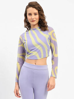 Madame - Full Sleeve Wave Print Lilac Crop Top