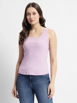 Madame - Lilac Cotton Blend Typography Spaghetti Tank Top
