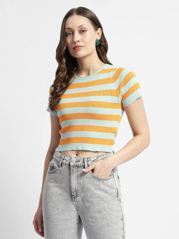 Madame - Crew Neck Orange Striped Half Sleeve Crop Top