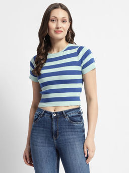 Madame - Crew Neck Blue Striped Half Sleeve Crop Top