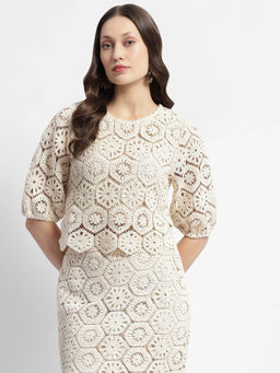 Madame - Beige Crochet Knit Puff Sleeve Top