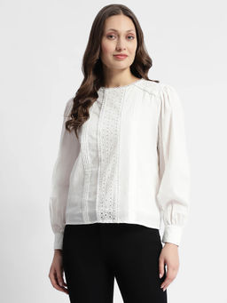 Madame - Schiffli Adorned Puff Sleeve White Top