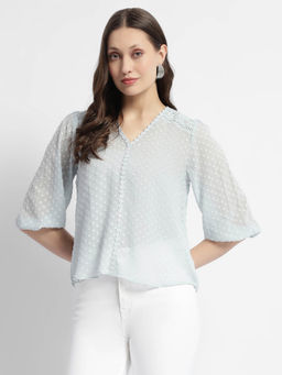 Madame - Puffed Sleeve Dobby Sky Blue Top