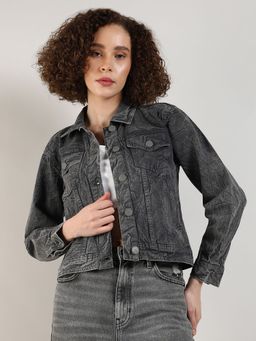 Campus Sutra - Women's Charcoal Black Acid-Wash Denim Jacket