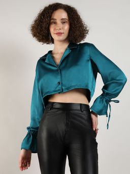 PINACOLADA - Women's Teal Green Satin Boxy Crop Shirt