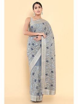 Soch - Women Grey Georgette Embroidered Saree with Unstitched Blouse