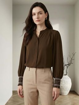 Globus - Brown Mandarin Collar Relaxed Fit Straight Hem Shirt