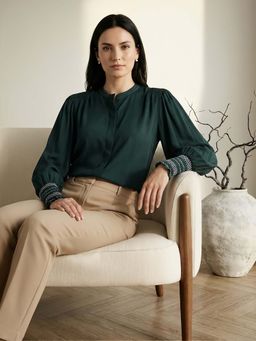 Globus - Green Mandarin Collar Relaxed Fit Straight Hem Shirt