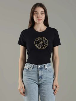 Tommy Hilfiger - Embroidered Logo Regular Fit Black Cotton T-Shirt