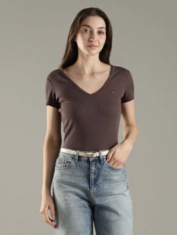 Tommy Hilfiger - Brown Solid Slim Fit Cotton T-Shirt