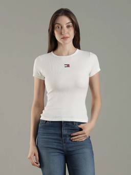 Tommy Hilfiger - White Solid Slim Fit Cotton T-Shirt