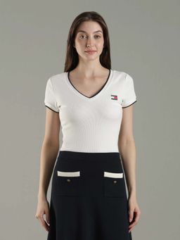 Tommy Hilfiger - White Solid Slim Fit Cotton T-Shirt