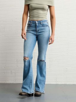 American Eagle - Women Blue Next Level Ripped Super High-Waisted Flared Jeans