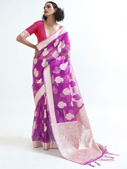Akhilam - Wine Party Wear Organza Woven Design Saree With Unstitched Blouse with Unstitched