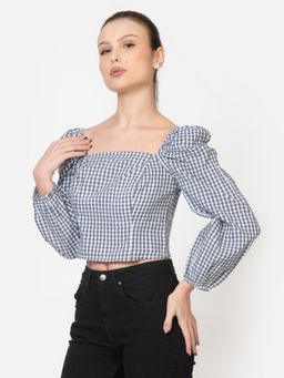 Twenty Dresses by Nykaa Fashion - Womens Cotton Seersucker Gingham Checkered White Blue Crop Top