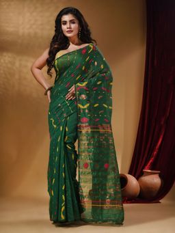 Arhi - Green Cotton Handwoven jamdhani Saree with Multicolor Designs and Motifs