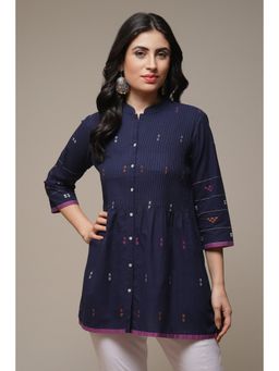 Biba - Women Navy Blue Woven Cotton Straight Kurti