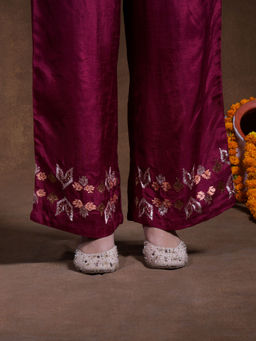 Phulkari Forever - Burgundy Pure Silk Hand Embroidered Phulkari Pant